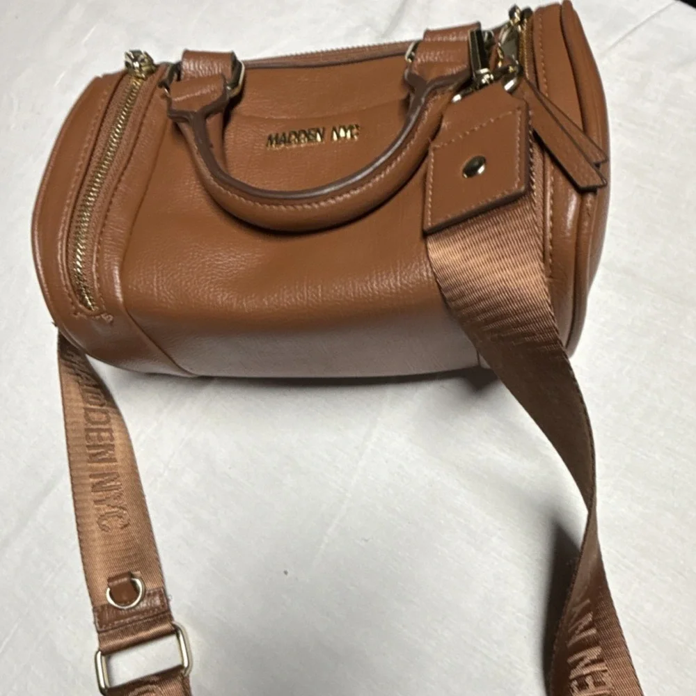 MADDEN NYC Brown Satchel Bag Adjustable Strap Double Handles Gold Zipper Logo